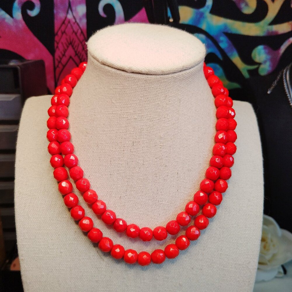 Vintage 1950s Double Strand Czech Red Glass Bead Necklace 14–15 Inch
